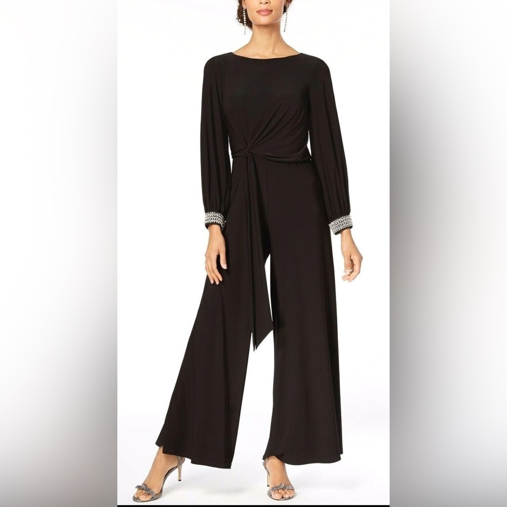 MSK Rhinestone Embellished Long Sleeved Wide Leg Jumpsuit